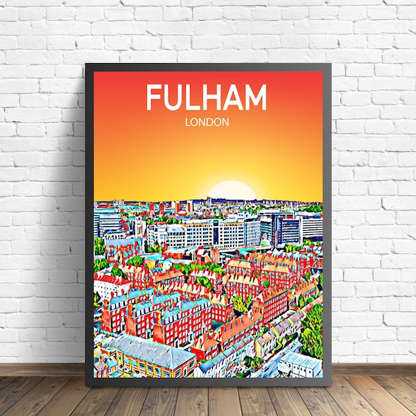 Fulham London Art Poster Sunset / Night Poster Art Print, Fulham City enmarcado arte de pared moderno, colorido boceto de lienzo del horizonte