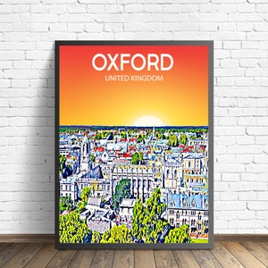 Oxford UK Kunst Poster Sonnenuntergang / Nacht Poster Kunstdruck, Oxford City Moderne Wand Kunst, bunte Skyline Leinwand Foto Skizze Geschenk