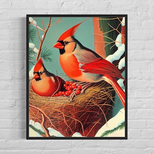 Nordkardinalnest Retro Kunstdruck, Nordkardinalnest Illustration, Nordkardinalnest Vintage Minimal Design Poster