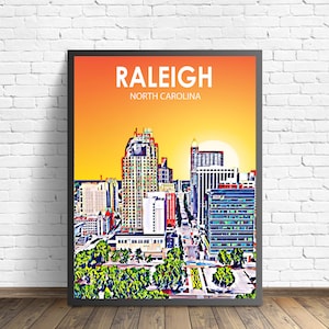 Raleigh NC Art Poster, North Carolina Sunset Landscape Poster Print, Raleigh City Wall Canvas Art Colorful Skyline Sketch Photo