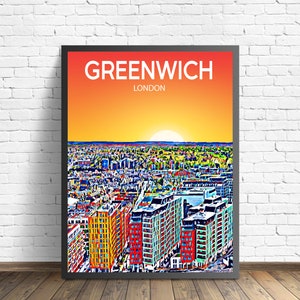 Greenwich London Art Poster Sunset / Night Poster Art Print, Greenwich City Framed Modern Wall art, Colorful Skyline Canvas Sketch