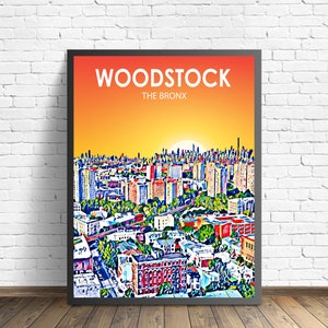 Woodstock Art Poster The Bronx Sunset Landscape Poster Print, Woodstock City Wall Canvas Art Colorful Skyline Sketch Photo