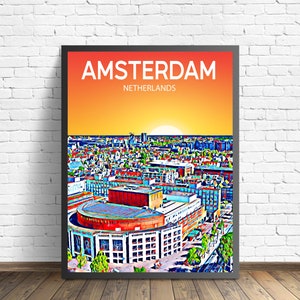 Amsterdam Niederlande Kunst Poster Sonnenuntergang / Nacht Poster Kunstdruck, Amsterdam City Wandkunst, Bunt Skyline Leinwand Skizze Kunstwerk