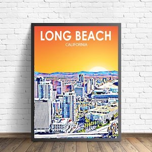 Long Beach CA Art Poster, California Sunset Landscape Poster Print, Long Beach City Framed Wall Canvas Art Colorful Skyline Sketch Photo