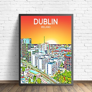 Dublin Ireland Art Poster Sunset / Night Poster Art Print, Dublin City Modern Wall art, Colorful Skyline Canvas