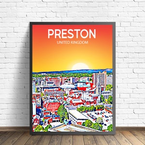 Preston UK Art Poster Sunset / Night Poster Art Print, Preston City Modern Wall art, Colorful Skyline Canvas Photo sketch