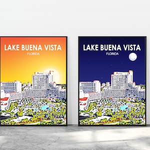 Lake Buena Aussicht FL Kunst Poster, Florida Sonnenuntergang Landschaft Poster Druck, Lake Buena Aussicht Stadt Wand Leinwand Kunst Bunte Skyline Skizze Foto