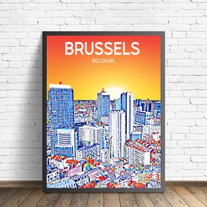 Bruxelas Bélgica Arte Pôster Pôr do Sol / Noite Arte Impressão, Bruxelas Cidade Emoldurada Arte de Parede Moderna, Esboço Colorido de Tela de Horizonte