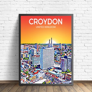 Póster artístico de Croydon, Reino Unido, impresión artística de atardecer/noche, arte mural moderno de la ciudad de Croydon, boceto colorido del horizonte en lienzo