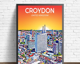 Croydon UK Art Poster Sunset / Night Poster Art Print, Croydon City Modern Wall art, Colorful Skyline Canvas Sketch