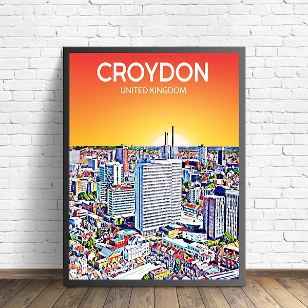 Croydon UK Art Poster Sunset / Night Poster Art Print, Croydon City Modern Wall art, Colorful Skyline Canvas Sketch