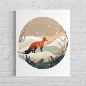 Impression d'art rétro Renard dans la neige, Illustration de renard dans la neige, Renard dans la neige Poster vintage design minimaliste