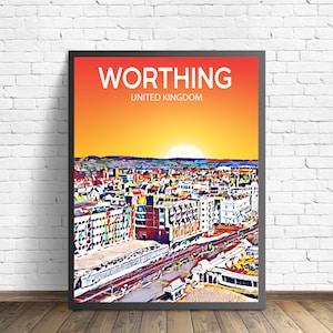 Worthing United Kingdom Kunst Poster Sonnenuntergang / Nacht Poster Kunstdruck, Worthing City eingerahmt moderne Wandkunst, bunte Skyline Leinwand Foto