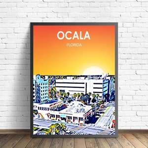 Ocala Art Poster, Florida Sunset Landscape Poster Print, Ocala City Framed Wall Canvas Art Colorful Skyline Sketch Photo