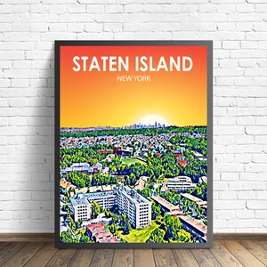 Staten Island NY Kunstplakat, New York Sonnenuntergang Landschaft Poster Druck, Staten Island Stadt Wand Leinwand Kunst Bunte Skyline Skizze Foto