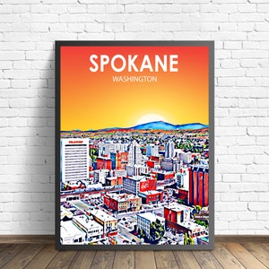 Spokane WA Art Poster, Washington Sunset Landscape Poster Print, Spokane City Wall Canvas Art Colorful Skyline Sketch Photo