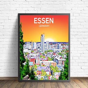 Essen Germany Art Poster Sunset / Night Poster Art Print, Essen City Moderne Wandkunst, Bunte Skyline Leinwand