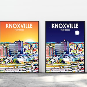 Knoxville TN Art Poster, Tennessee Sunset Landscape Poster Print, Knoxville City Wall Canvas Art Colorful Skyline Sketch Photo