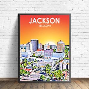 Jackson Mississippi Art Poster Sunset Landscape Poster Print, Jackson Framed Wall Art United States Colorful Skyline Sketch Photo