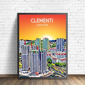 Clementi Singapur Kunst Poster Sonnenuntergang / Nacht Poster Kunstdruck, Christ Church City Moderne Wandkunst, Bunte Skyline Leinwand Skizze