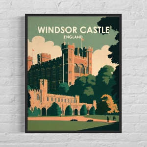 Impresión de arte retro del castillo de Windsor, Inglaterra, ilustración de arte de pared del castillo de Windsor, póster de diseño minimalista vintage del castillo de Windsor, Inglaterra
