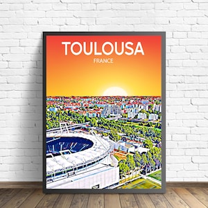 Poster d'art de Toulouse, France, coucher de soleil / nuit, impression d'art, art mural moderne encadré ville de Toulouse, photo sur toile ligne d'horizon colorée