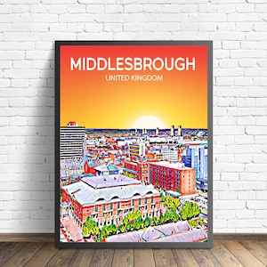 Middlesbrough UK Art Poster Sunset / Night Poster Art Print, Middlesbrough City Framed Modern Wall art, Colorful Skyline Canvas Sketch Gift