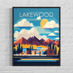 Lakewood Colorado Retro Art Print, Lakewood muurkunst illustratie, Lakewood vintage minimalistisch design poster