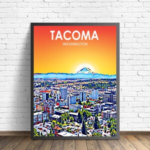 Tacoma WA Kunstplakat, Washington Sonnenuntergang Landschaft Plakatdruck, Tacoma City gerahmt Wand Leinwand Kunst bunte Skyline Skizze Foto