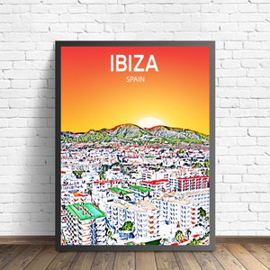 Ibiza Spain Art Poster Sunset / Night Poster Art Print, Ibiza City Modern Wall art, Colorful Skyline Canvas Sketch Photo