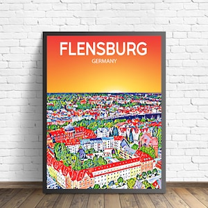 Flensburg Germany Art Poster Sunset / Night Poster Art Print, Flensburg City Modern Wall art, Colorful Skyline Canvas Sketch
