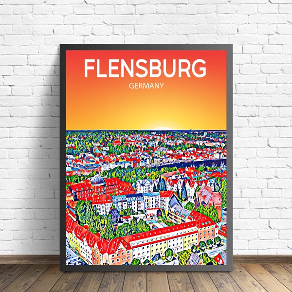 Flensburg Deutschland Kunst Poster Sonnenuntergang / Nacht Poster Kunstdruck, Flensburg City Moderne Wandkunst, Bunte Skyline Leinwand Skizze