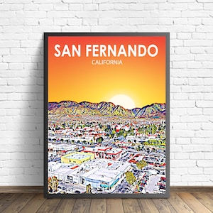 San Fernando CA kunstposter, Californië zonsondergang landschap posterafdruk, San Fernando City muur canvas kunst kleurrijke skyline schets foto
