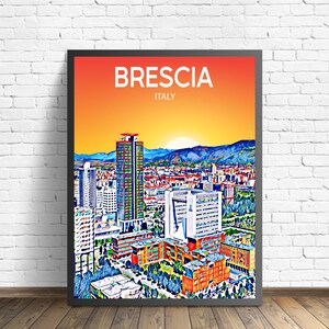 Brescia Italy Art Poster Sunset / Night Poster Art Print, Brescia City Framed Modern Wall art, Colorful Skyline Canvas Sketch