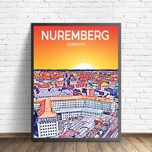 Nuremberg Germany Art Poster Sunset / Night Poster Art Print, Nuremberg City Framed Modern Wall art, Colorful Skyline Canvas Photo sketch