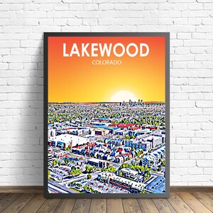 Lakewood CO-kunstposter, Colorado zonsondergang landschap posterafdruk, Lakewood City ingelijste muur canvas kunst kleurrijke skyline schetsfoto