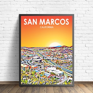 Póster artístico de San Marcos CA, póster con impresión de paisaje del atardecer de California, lienzo de arte de pared de la ciudad de San Marcos, boceto de horizonte colorido