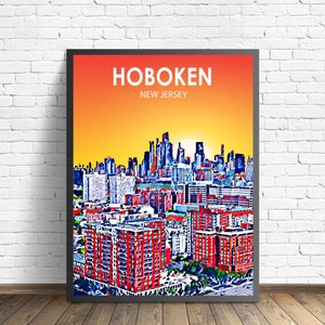 Hoboken NJ Art Poster, New Jersey Sunset Landscape Poster Print, Hoboken Framed Wall Art United States Colorful Skyline Sketch Photo