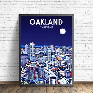 Oakland CA Art Poster, California Sunset Landscape Poster Print, Oakland City Wall Canvas Art Colorful Skyline Sketch Photo