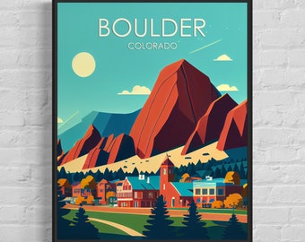 Boulder Colorado Retro Art Print, Boulder Wall Art Illustration, Boulder Vintage Minimal Design Poster