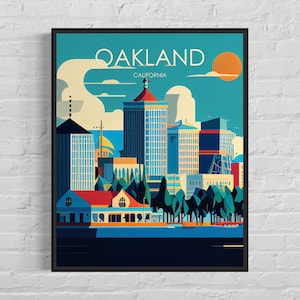 Impresión de arte retro de Oakland, California, ilustración de arte mural de Oakland, póster de diseño minimalista vintage de Oakland