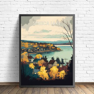 Impression d'art rétro de Seneca Lake New York, Illustration d'art mural New York de Seneca Lake, oeuvre d'art affiche design vintage des années 1960 de Seneca Lake New York