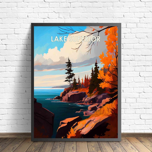 Lake Superior Retro Kunst Druck, Lake Superior Wand Kunst Illustration, Lake Superior Vintage 1960er Jahre Design Poster Artwork