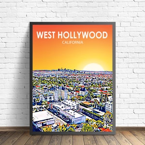 Affiche d'art de West Hollywood en Californie, impression d'affiche de paysage coucher de soleil en Californie, photo de croquis d'art de mur de toile de ville de West Hollywood ville