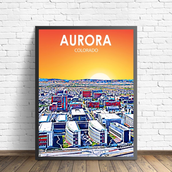 Aurora Colorado Art Poster Sunset / Night Landscape Poster Print, Aurora City Framed Wall Art Skyline Sketch Home Decor