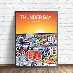 Póster artístico de Thunder Bay, Canadá, impresión artística de póster de atardecer/noche, arte de pared moderno enmarcado de la ciudad de Thunder Bay, foto en lienzo con horizonte colorido