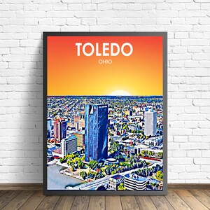 トレド OH アートポスター、オハイオ州の夕日の風景ポスタープリント、トレド市壁キャンバスアートカラフルなスカイラインスケッチ写真