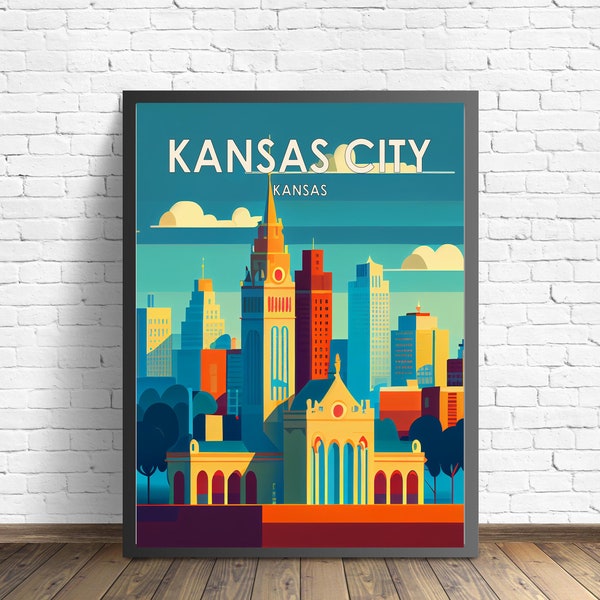 Impresión de arte retro de Kansas City, ilustración de arte mural de Kansas City, cartel de diseño minimalista vintage de Kansas City