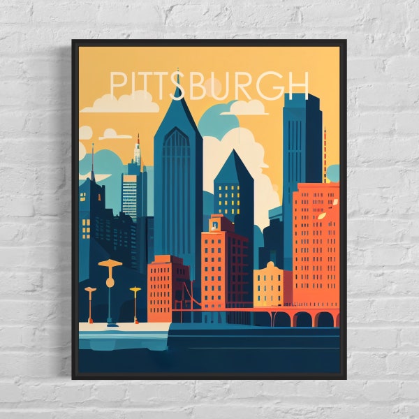 Impresión de arte retro de Pittsburgh, ilustración de arte de pared de Pittsburgh, cartel de diseño minimalista vintage de Pittsburgh