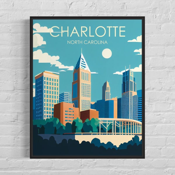 Charlotte North Carolina Retro Art Print, Charlotte Wall Art Illustration, Charlotte Vintage Minimal Design Poster